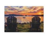 Adirondack Chairs Lakeside Sunset Canvas, Digital Art Print by Bill Shew