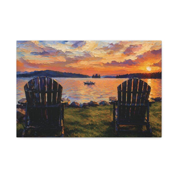 Adirondack Chairs Lakeside Sunset Canvas, Digital Art Print by Bill Shew