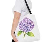 Purple Hydrangea Watercolor Tote Bag, Botanical Floral Shoulder Bag, framing detail (Bill Shew)