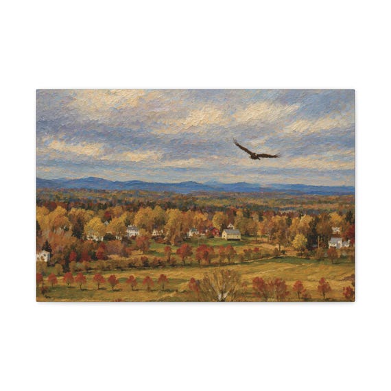 New England Autumn Valley Canvas Print, Hawk Soaring, Textured Landscape Wall Art by Bill Shew