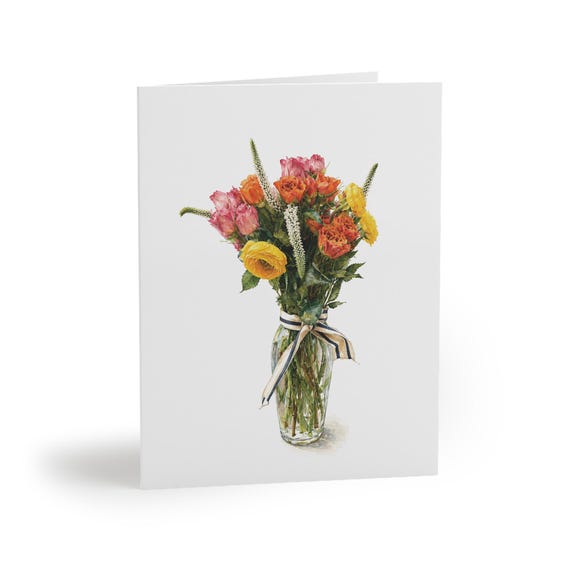 8 cards - Watercolor Flower Bouquet Greeting Card, Colorful Floral Arrangement by Bill Shew