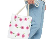 Pink Dahlia Botanical Watercolor Tote Bag, Floral Canvas Carryall, in-room view (Bill Shew)