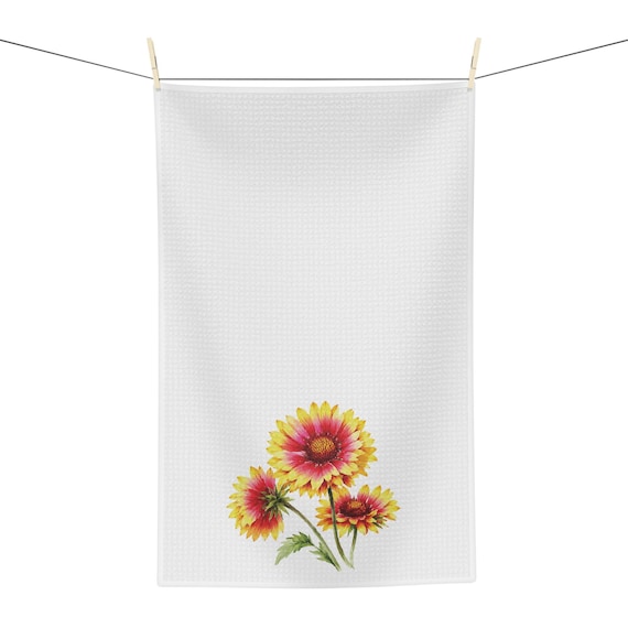 Blanket Flower Botanical Watercolor Tea Towel, Floral Kitchen Towel by Bill Shew