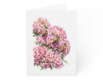 Pink Sedum Flower Greeting Card, Sedum with Bees Digital Art Print, Botanical Card, Blank Inside for Any Occasion