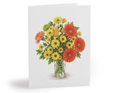 Autumn Flower Bouquet Greeting Card, Orange and Yellow Floral Watercolor by Bill Shew