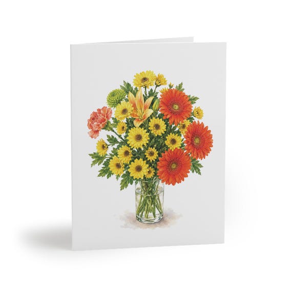 Autumn Flower Bouquet Greeting Card, Orange and Yellow Floral Watercolor by Bill Shew