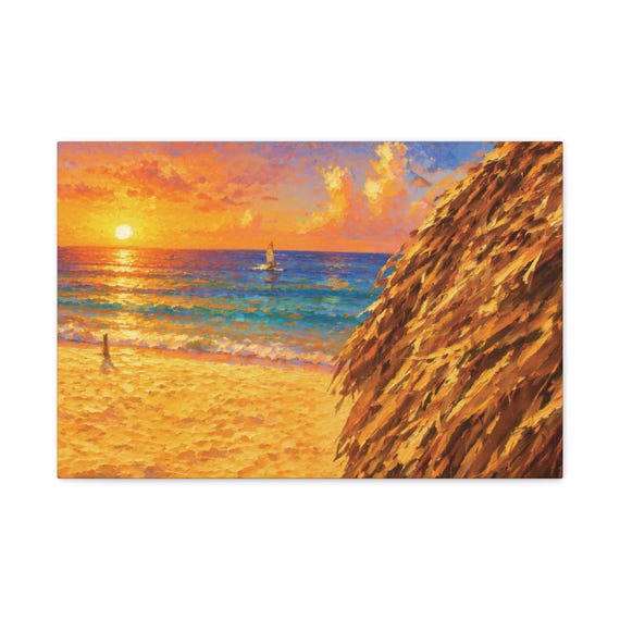 Tropical Beach Sunset Canvas Print, Palapa View, Sailboat Ocean Wall Art by Bill Shew