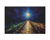 Night Pier Canvas Print, Glowing Indigo Lamplight Digital Art Print, Coastal Wall Art, Canvas Wall Decor., Bill Shew wall art print