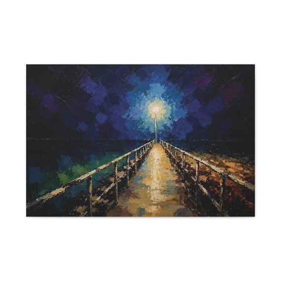 Night Pier Canvas Print, Glowing Indigo Lamplight Digital Art Print, Coastal Wall Art, Canvas Wall Decor., Bill Shew wall art print
