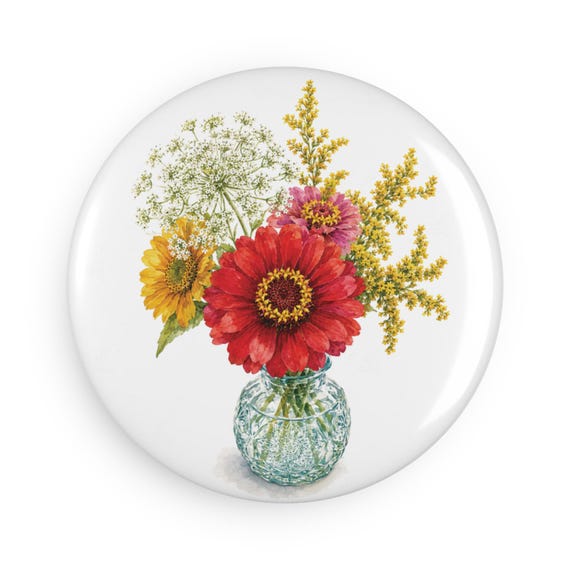 Red Zinnia Flower Magnet, Wildflower Fridge Magnet, Botanical Floral Magnet by Bill Shew