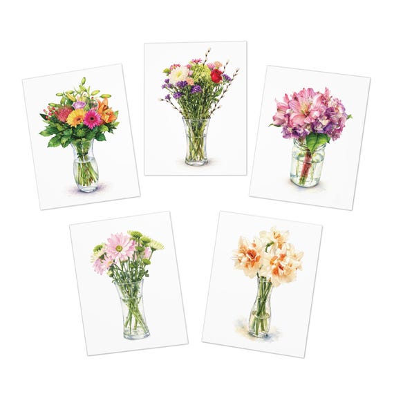 Watercolor Bouquet Note Cards, Assorted Vase Flowers (Set of 5) by Bill Shew