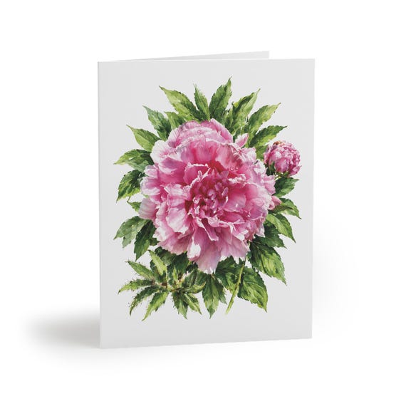 8 cards - Pink Peony Watercolor Card, Botanical Blush Floral Illustration by Bill Shew