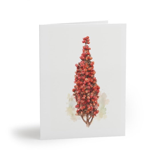Red Berry Christmas Tree Greeting Card, Watercolor Holiday Card, Winter Berry Tree Art by Bill Shew