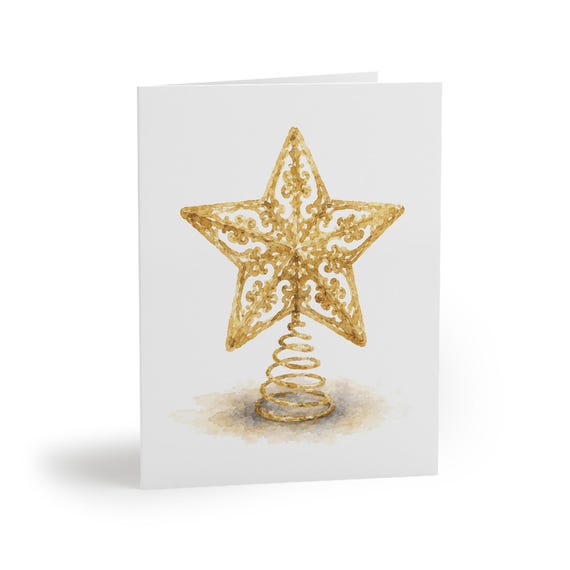 Gold Christmas Star Greeting Card, Watercolor Holiday Card, Elegant Star Tree Topper by Bill Shew