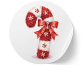 Watercolor Candy Cane Sticker, Red White Snowflakes, Holiday Decor (Roll), alternate view (Bill Shew)