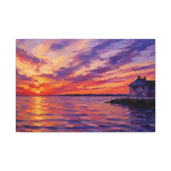 Dramatic Sunset Seascape Canvas Print, Coastal Ocean Wall Art, Textured Digital Painting by Bill Shew