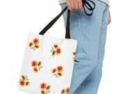 Blanket Flower Watercolor Tote Bag | Red Yellow Floral Canvas Market Shopper, in-room view (Bill Shew)