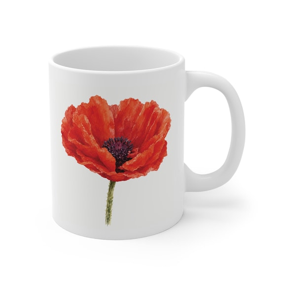 Red Poppy Mug, Watercolor Poppy Coffee Mug, Red Flower Mug, Botanical Coffee Cup by Bill Shew