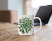 Succulent Mug, Watercolor Succulent Coffee Mug, Botanical Plant Mug, Green Echeveria Mug, alternate view (Bill Shew)