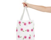 Pink Dahlia Botanical Watercolor Tote Bag, Floral Canvas Carryall, detail view (Bill Shew)