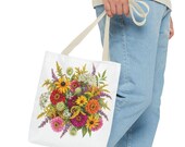 Wildflower Bouquet Tote Bag | Colorful Floral Shoulder Bag (100% Polyester), in-room view (Bill Shew)
