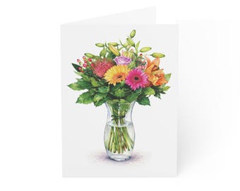 Mixed Bouquet Vase Card, Digital Art Print, Botanical Card, Blank Inside