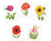 Watercolor Floral Note Cards, Assorted Garden Flowers (Set of 5) by Bill Shew
