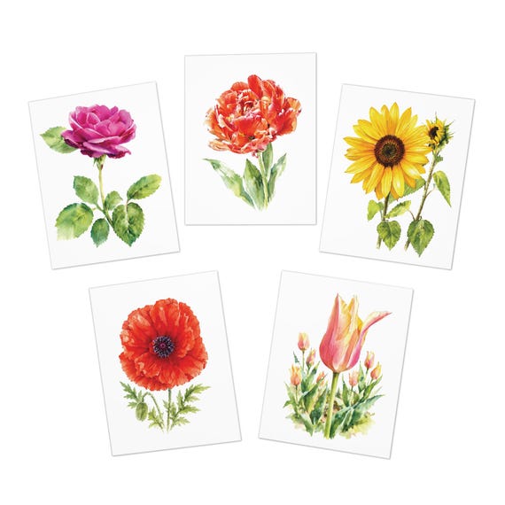 Watercolor Floral Note Cards, Assorted Garden Flowers (Set of 5) by Bill Shew