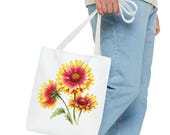 Blanket Flower Botanical Watercolor Tote Bag, Red & Yellow Floral Canvas Carryall, framing detail (Bill Shew)