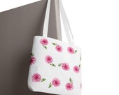 Pink Dahlia Botanical Watercolor Tote Bag, Floral Canvas Carryall, detail view (Bill Shew)