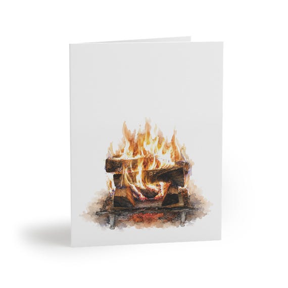 Cozy Fireplace Christmas Greeting Card, Watercolor Holiday Card, Christmas Fireplace Art by Bill Shew