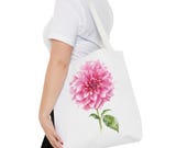 Pink Dahlia Botanical Watercolor Tote Bag, Floral Canvas Carryall Bag, close-up (Bill Shew)