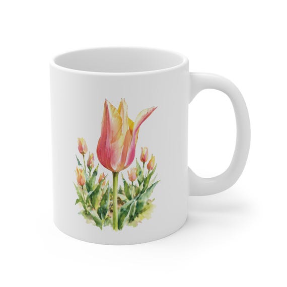 Tulip Mug, Watercolor Tulip Coffee Mug, Pink Tulip Flower Mug, Botanical Ceramic Mug by Bill Shew