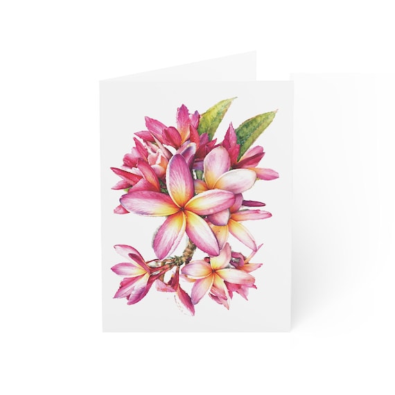 Pink Plumeria Bouquet Greeting Card, Tropical Frangipani Digital Art Print, Botanical Card, Blank Inside for Any Occasion., Bill Shew wall art print