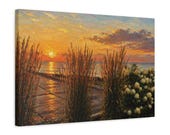 Lakeside Sunset Canvas Print, Golden Grass, Hydrangeas, Gull, Textured Brushwork Wall Art, detail view (Bill Shew)