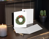Christmas Wreath Greeting Card, Watercolor Holiday Card, Evergreen Wreath with Red Bow, alternate view (Bill Shew)