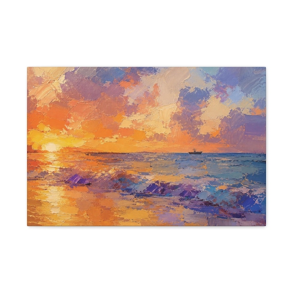 Textured Purple Sunset Fishing Boat Canvas Print, Tropical Seascape Wall Art by Bill Shew