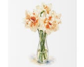 White Daffodil Botanical Art Classic Stretched Canvas | Floral Vase Wall Decor, close-up (Bill Shew)