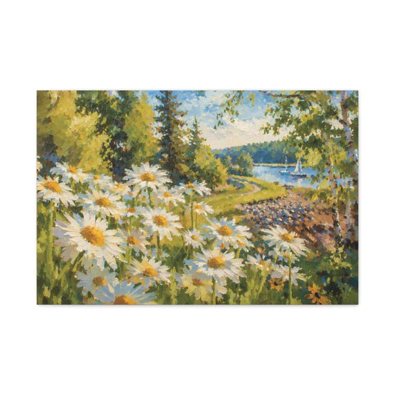 Daisy Field Canvas Print, Lakeside Sailboats Digital Art Print, Landscape Wall Art, Canvas Wall Decor., Bill Shew wall art print