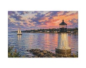 Lighthouse Sailboat Canvas Print, Coastal Sunset Wall Art by Bill Shew