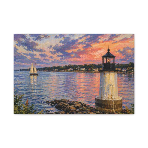 Lighthouse Sailboat Canvas Print, Coastal Sunset Wall Art by Bill Shew
