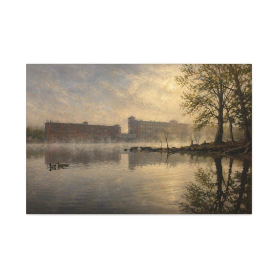 Historic Mill Canvas Print, Foggy Pond Reflection Digital Art Print, Landscape Wall Art, Canvas Wall Decor, Bill Shew wall art print