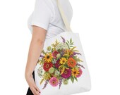 Wildflower Bouquet Tote Bag | Colorful Floral Shoulder Bag (100% Polyester), in-room view (Bill Shew)