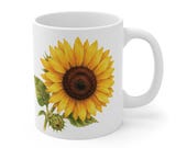 Sunflower Mug, Watercolor Sunflower Coffee Mug, Yellow Flower Mug, Botanical Ceramic Mug by Bill Shew