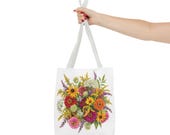 Wildflower Bouquet Tote Bag | Colorful Floral Shoulder Bag (100% Polyester), detail view (Bill Shew)