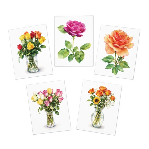 Watercolor Rose Note Cards, Assorted Bouquet Prints, Bill Shew note card set