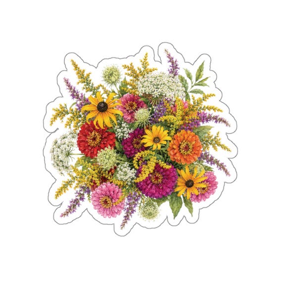 Wildflower Bouquet Die Cut Sticker, Colorful Floral Sticker, Cottagecore Flower Sticker by Bill Shew