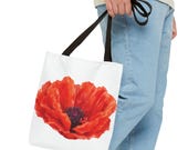 Red Poppy Watercolor Tote Bag, Botanical Floral Canvas Bag, Poppy Flower Tote, in-room view (Bill Shew)