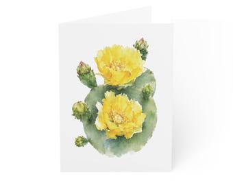 Prickly Pear Cactus Flower Greeting Card, Yellow Bloom Digital Art Print, Botanical Card, Blank Inside for Any Occasion
