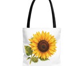 Sunflower Botanical Watercolor Tote Bag, Yellow Floral Canvas Carryall Bag, detail view (Bill Shew)
